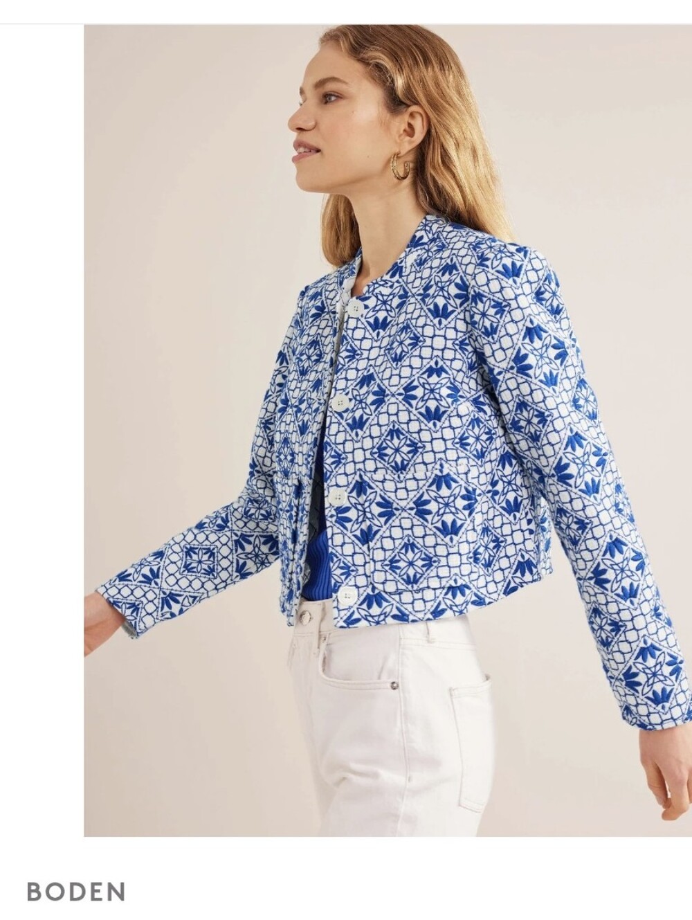 Boden Nehru Blue & White Geometric Printed Jacket Sz.8